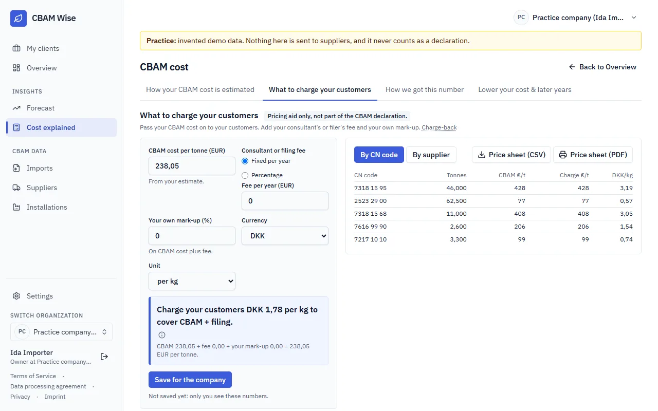 What to charge your customers: the CBAM cost per tonne of a product, to add to your sales price